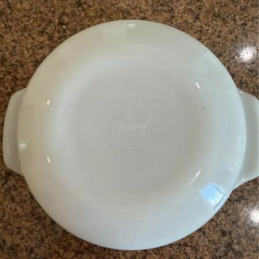 Vintage Anchor Hocking Fire-King milk glass casserole dish in the 